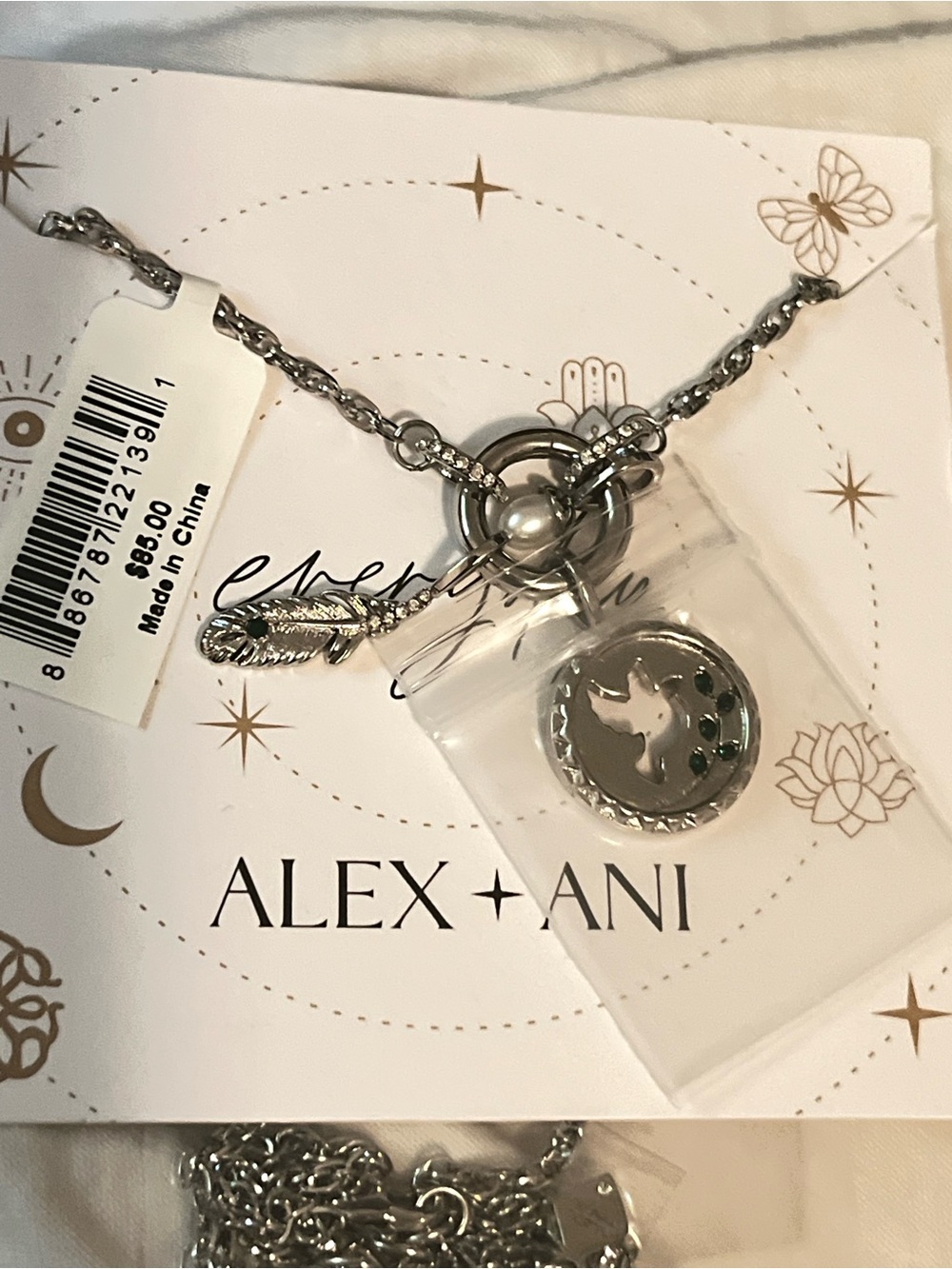 Alex and Ani Silver Dove & Feather Charm Necklace with Sparkle